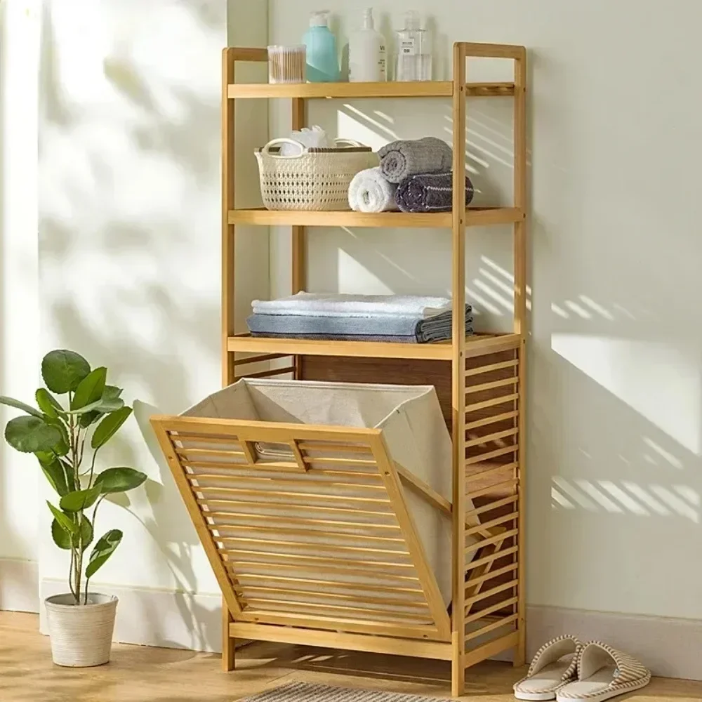 Laundry Hamper with Shelf 3/4 Tier Wooden Storage Rack High-capacity Dirty Clothe with Tilt Out Basket Bathroom Laundry Basket