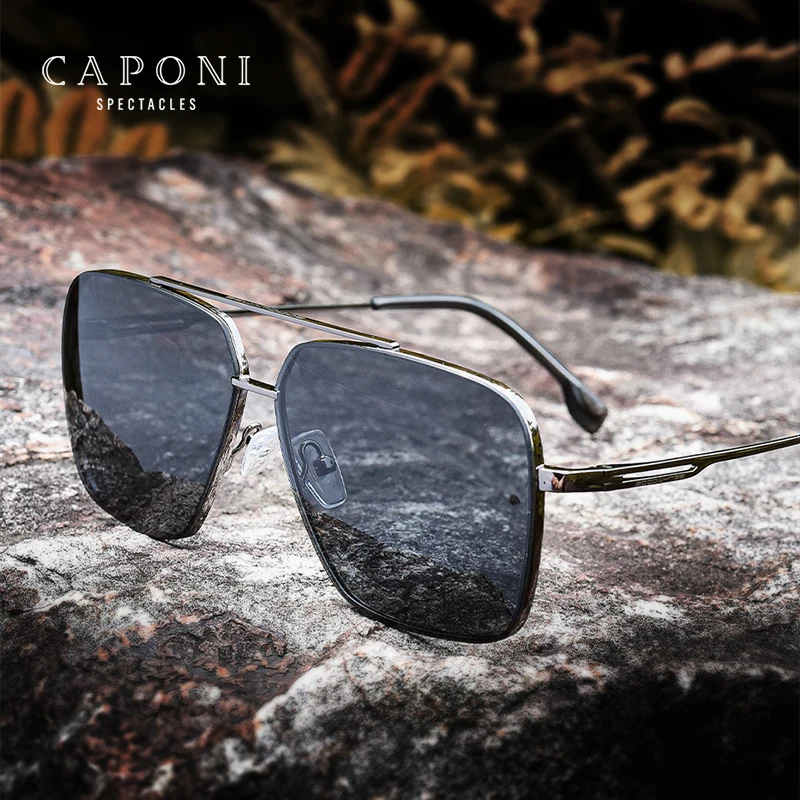 CAPONI Nylon Polarized Sunglasses For Men Square Driving Fashionable Alloy Shades Anti-Glare UV400 Protection Sun Glasses CP1325