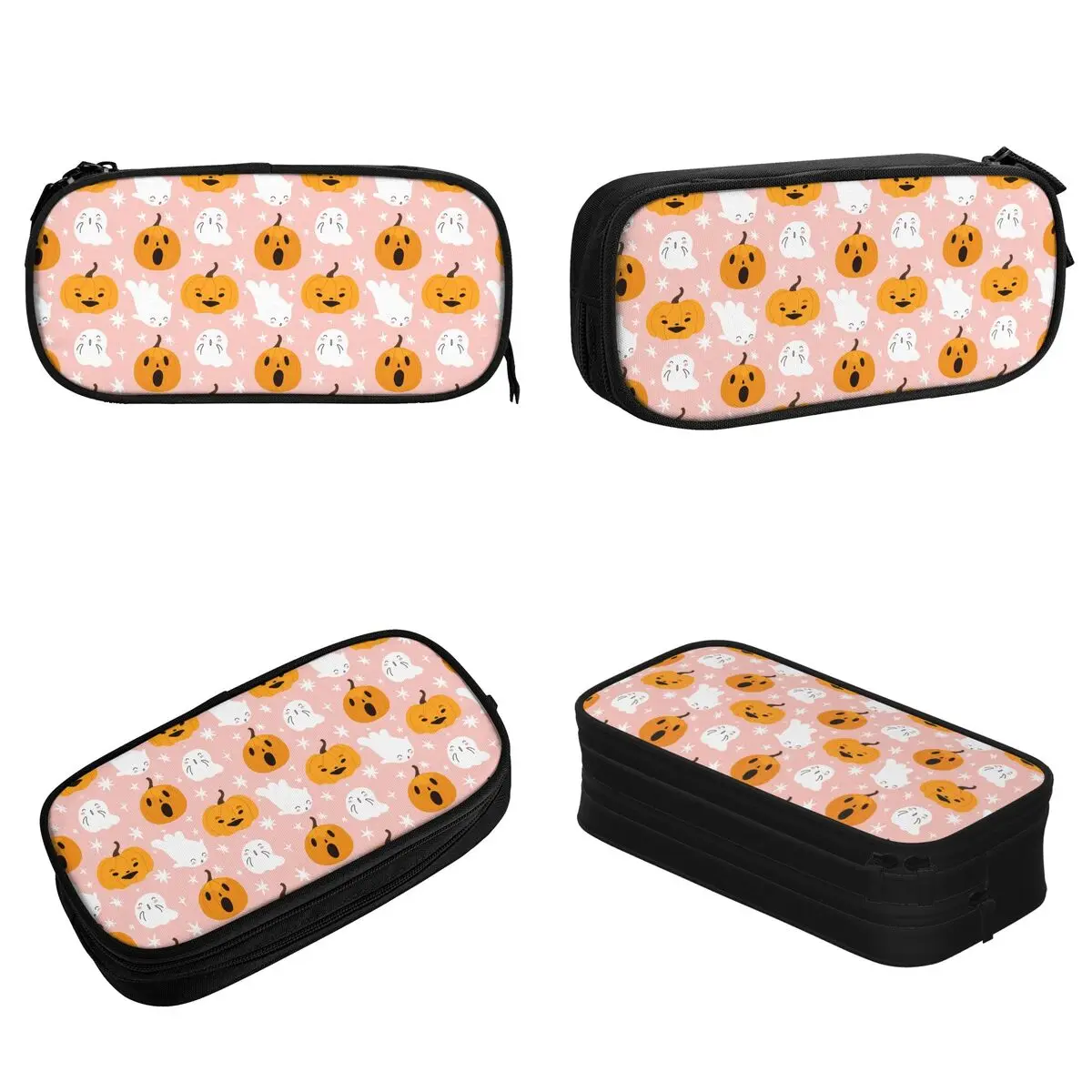 Estuches de lápices de calabaza fantasma de dibujos animados de Halloween, caja de bolígrafos Rosa clásica, bolsa grande para estudiantes, bolsa de lápices escolar con cremallera