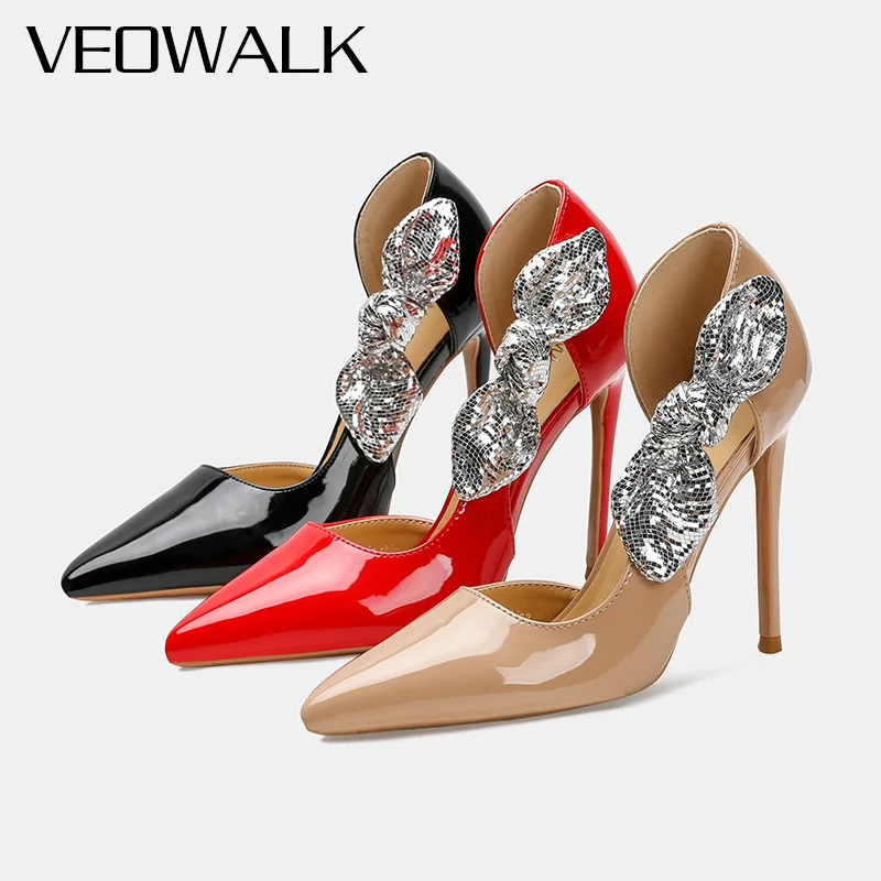 مصمم تألق Bowknot مضخات النساء الجانب قطع أشار تو 12 سنتيمتر سوبر عالية الكعب مثير لطيف الأسود براءات خنجر فستان الزفاف