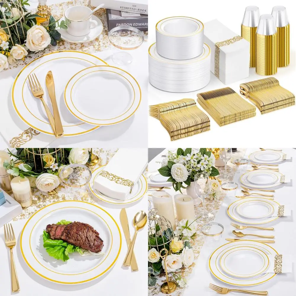 

Gold Dinnerware Set for 100 Guests: 200 Plates, 100 Napkins, 100 Cups, 300 Cutlery for Weddings, Parties