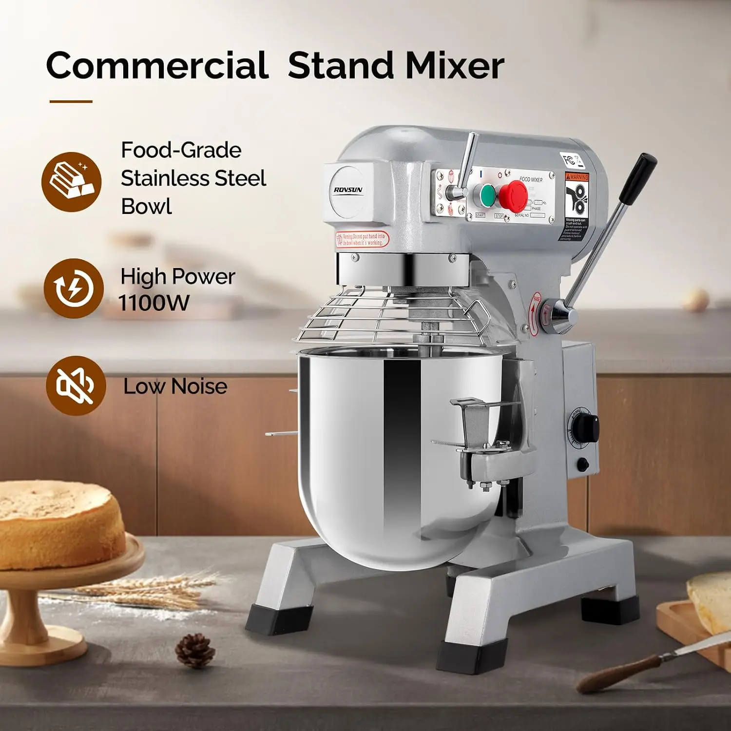 30QT Commercial Food Mixer, 1100W Commercial mixer with 3 Adjustable Speed, Heavy Duty Electric Stand Food Mixer with Stainless
