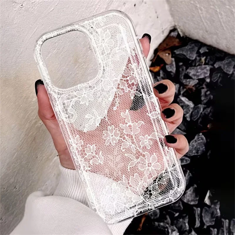 Elegant Romantic White Lace Pattern Phone Case For iPhone 18 17 Pro Air 16 15 14 13 12 11 Pro Max 7 8 Plus SE2 16E Clear Cover