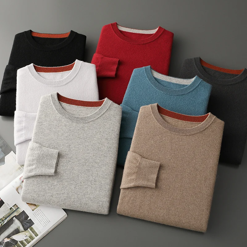 

Autumn Winter Men Basic Cashmere Sweater Round Neck Pullover 100% Cashmere Knitwear Soft Warm Comfy Cashmere Bottom Clothing Top