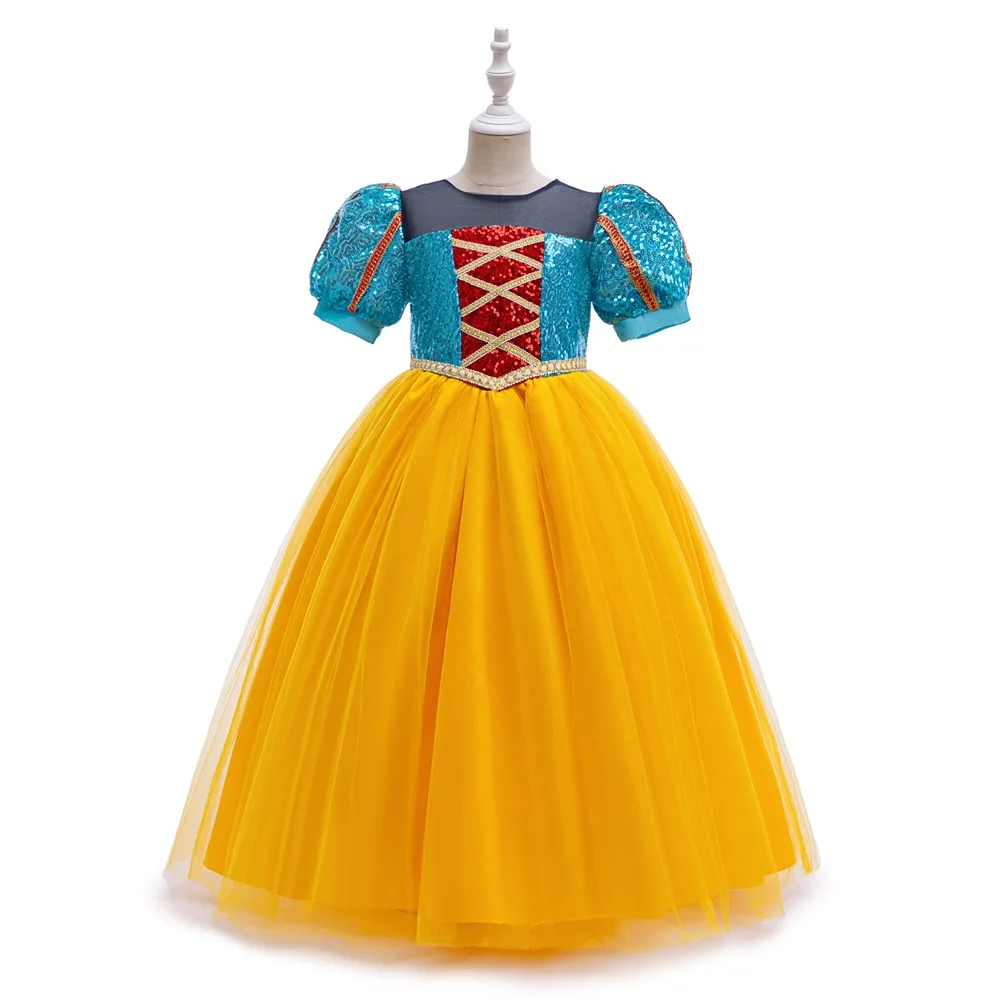 Teen Girls Snow White Tulle Party Dress Kids Sequin Evening Prom Gown Girl Long Fluffy Birthday Dresses Children Fashion Costume