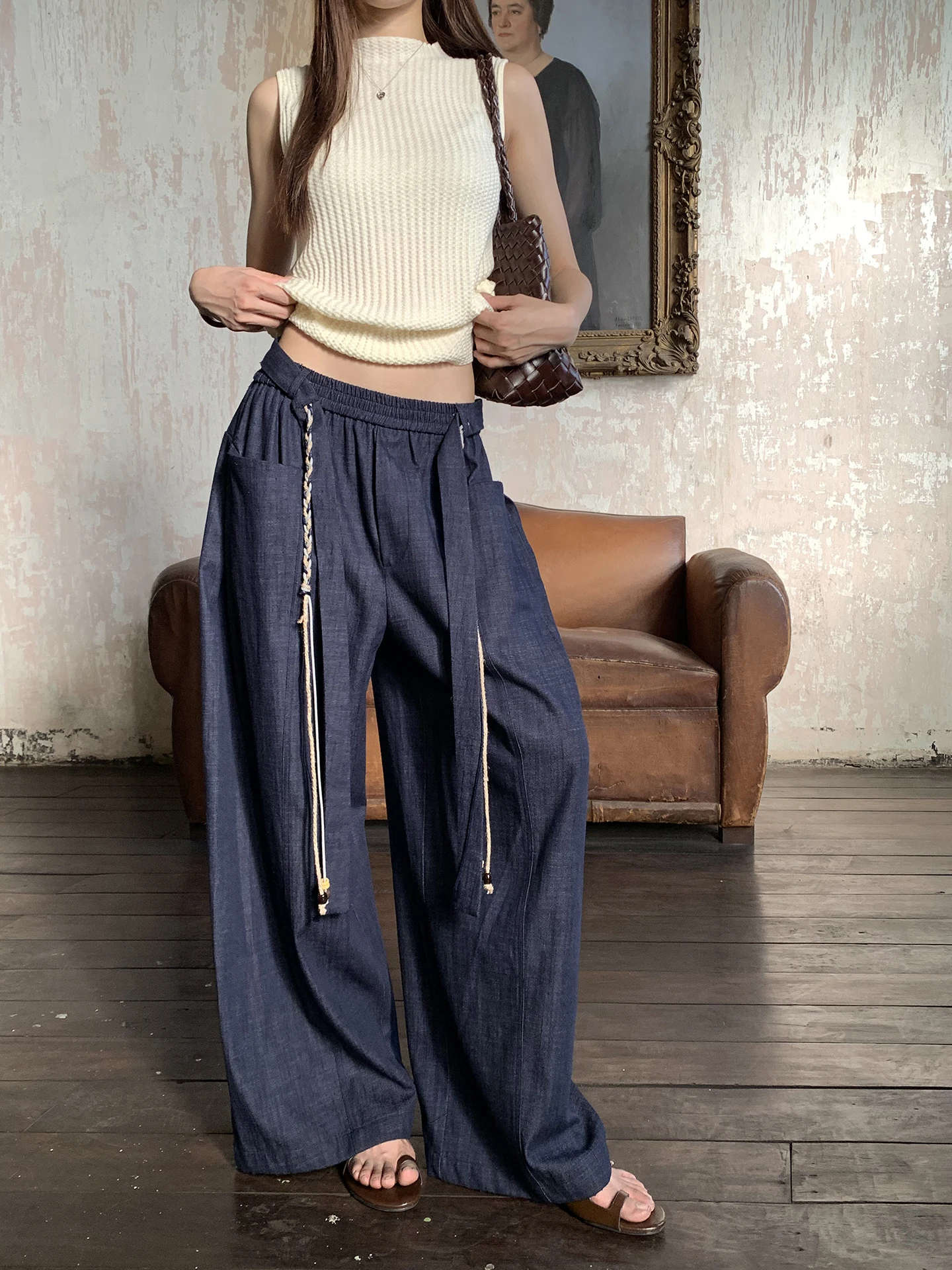 Summer 2026 New Wide Leg Pants Women's Loose Casual Trousers Korean Style Lazy Drapey Feelings Commute Style Low Waist Elasti...