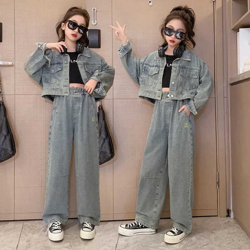 

Girls Coat +Pants Kids Suits 2PCS/Set Cotton 2024 Jean Spring Autumn Cotton Tracksuit Sport Suits Children Clothing