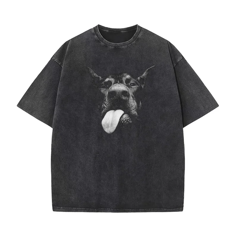 Cool Doberman Sticking Tongue Out in Playful Defiance Pure Cotton T-shirt For Man Oversized Art Graphic Clothing Printed