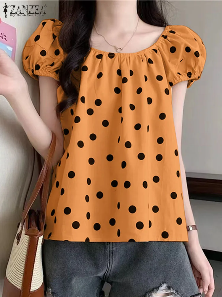 ZANZEA Women Polka Dot Blouse Elegant Puff Short Sleeve Tops Korean Fashion Round Neck Blusas Casual 2024 Summer Pleated Tops