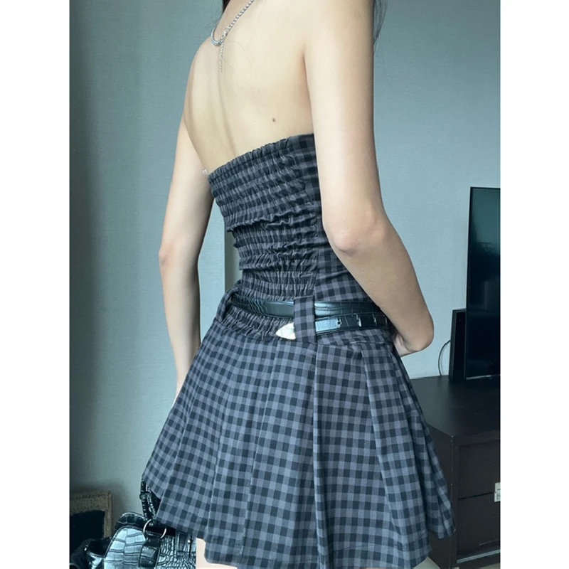 Xeemilo Vintage Plaid Print A-line Dress Sexy Gentle Slash-neck Pleated Mini Dresses 2024 Fashion Off Shoulder Women Vestidos