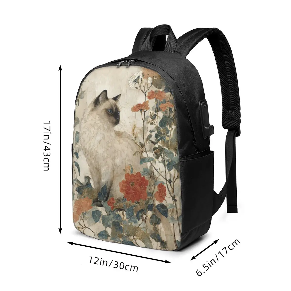 Cute Siamese And Floral Backpack Travel Notebook Bag Computer College Student School Bag Laptop Shoulder Bags for Men Women