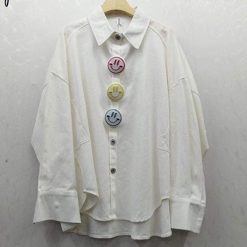 

New Sweet Simple Versatile Loose Fit Smiling Face Button Ins Style Minimalist Clean Version Shirt Top