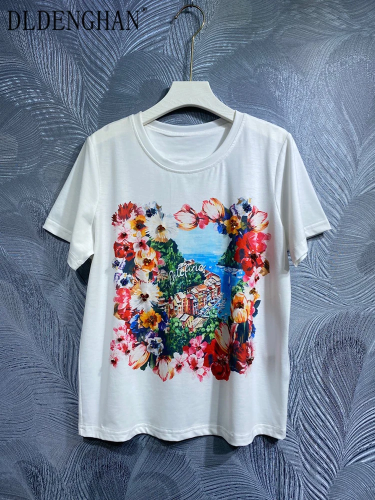 

DLDENGHAN Spring Summer Tees Women O-Neck Short Sleeve Diamonds Classic Style Flowers Print T-shirt Fashion Runway New