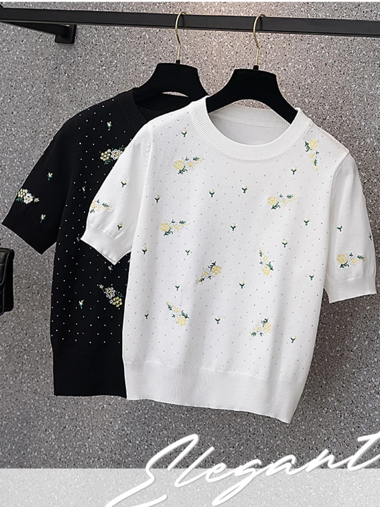 Fashion Flower Embroidered Short Sleeved Knitted T-Shirt For Women Summer New Designer Chic Diamond Loose Sweater Pullover Tops