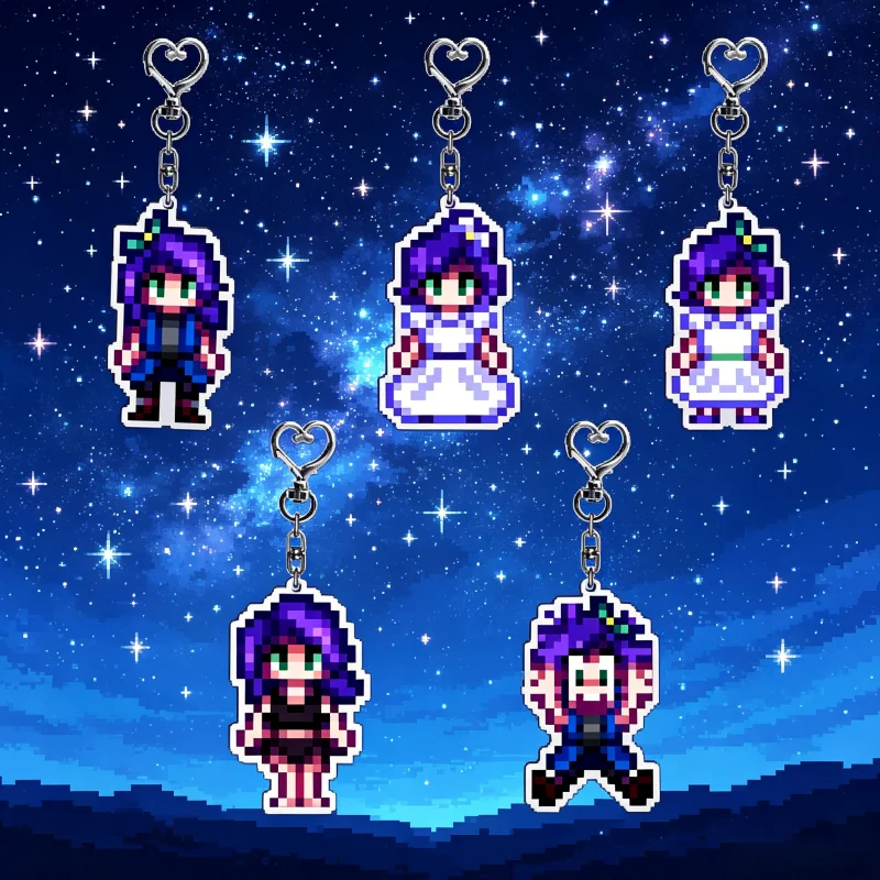 Porte-clés en acrylique Stardew Valley Pixel Abigail avec différentes tenues, fermoir cœur, pendentif de sac, décoration de jeu, cadeau pour collectionneurs de jeux