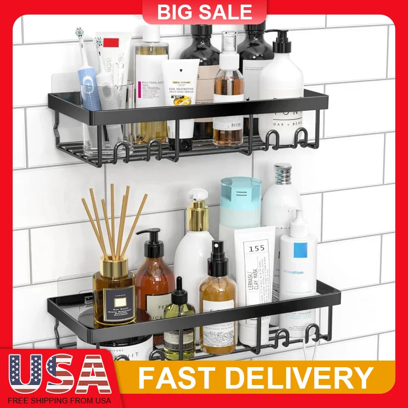 

2 Pack Black Metal Shower Caddy Shelf Organizer Self Adhesive Rustproof Bathroom Storage Rack No Drill for RV Camper Apartment