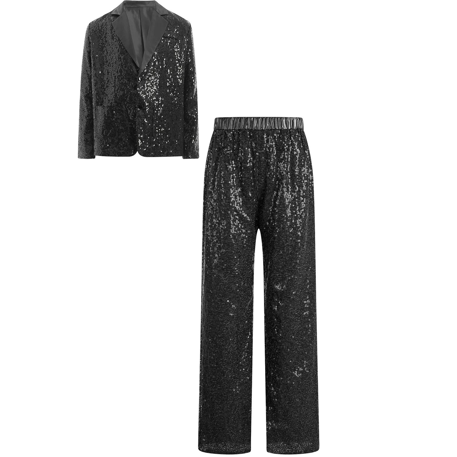Kids Girls Retro Disco Dance Performance Costume Outfit Sparkly Sequins Notched Lapel Long Sleeve Blazer Jacket Coat+Pants 2Pcs