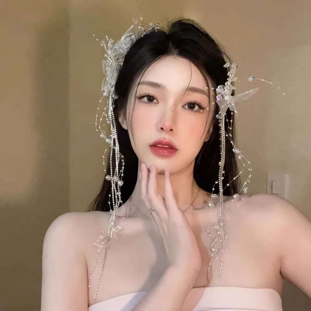 New 30cm Butterfly Tassel Hairpin Photo Shoot Accessories Hair Styling Tools Bridal Wedding Headpieces Transparent Side Clip