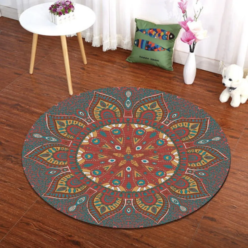 سجادة ماندالا ذات منطقة مستديرة لغرفة المعيشة وغرفة النوم بجانب السرير والمنزل والفندق وديكور المنزل وسجادة أرضية ناعمة من مزيج القطن