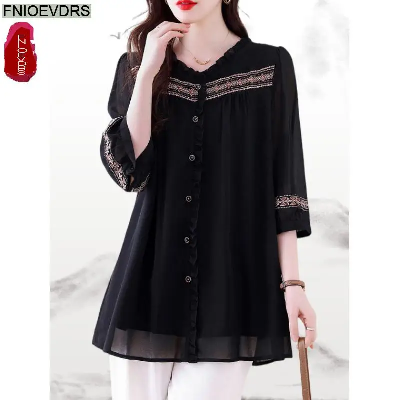 

Loose Clothes Women 2025 Summer Half Sleeve Casual Embroidery Printing Belly Peplum Tops Retro Vintage Lady Black Shirts Blouses