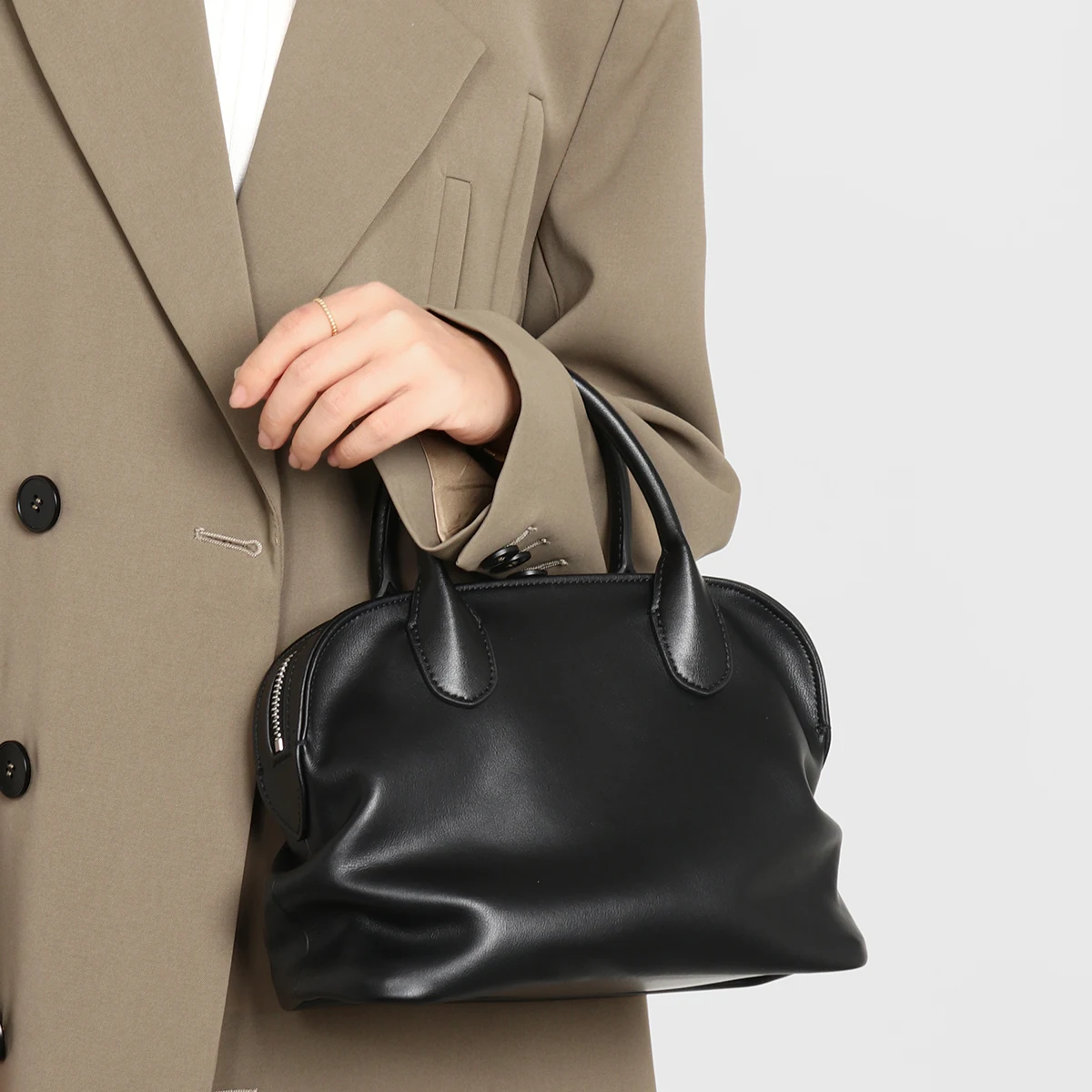 

New Genuine Leather Bowling Bag, Pleated Belly Bag, Shell Bag, Retro Handbag, Commuter Bag