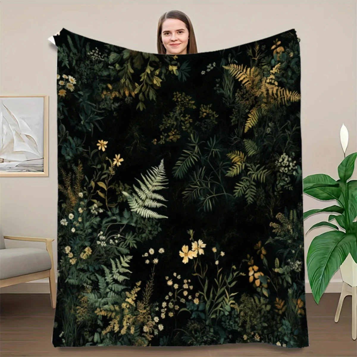 Vintage Dark Forest Floral Print Cozy Blanket - Soft Flannel Throw for Sofa, Bed, Camping & Travel - Luxury Home Decor Gift