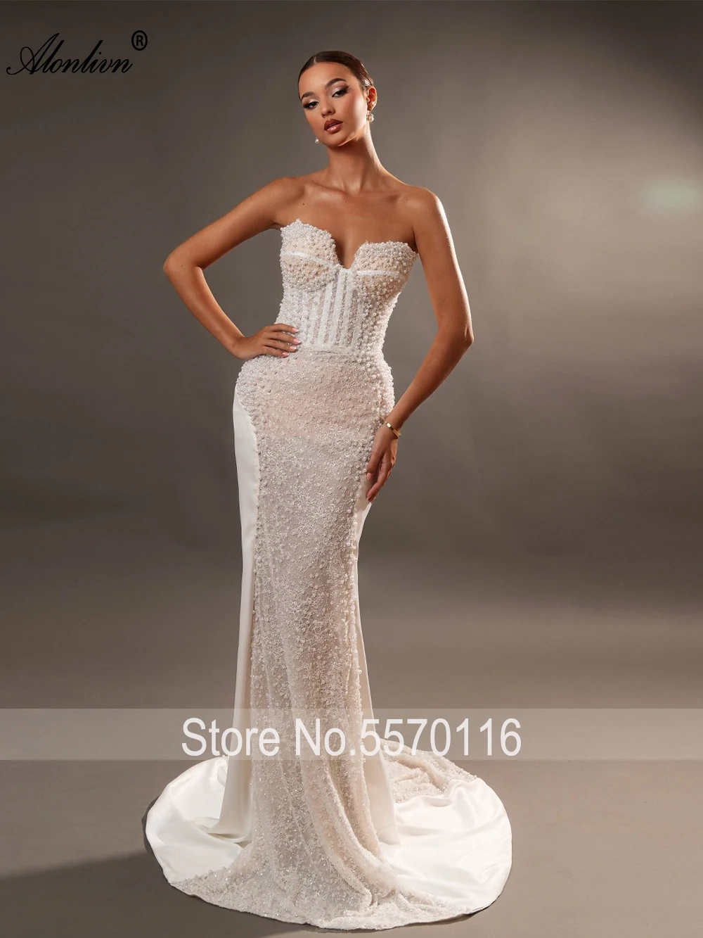 Alonlivn فستان زفاف فاخر مصنوع حسب الطلب من الدانتيل حورية البحر مطرز بالخرز مع زهور ثلاثية الأبعاد بدون أكتاف فساتين زفاف البوق