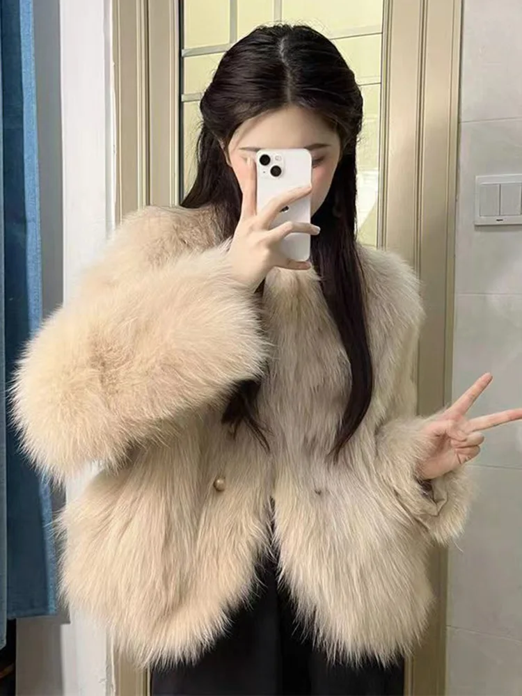 Nepbont Vrouwen Elegante Jas Winter Mode Lange Mouw Warme Jas Koreaanse Faux Vos O Hals Vrouwelijke Zoete Effen Chic Uitloper Tops