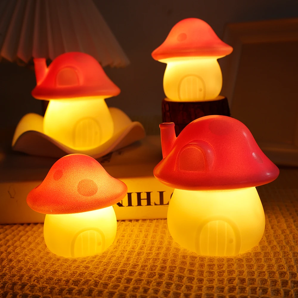 Mini LED Luminous Mushroom Night Light Toys Portable Children\'s Bedroom Bedside Desk Luminous Atmosphere Ghost Night Lamp Decor