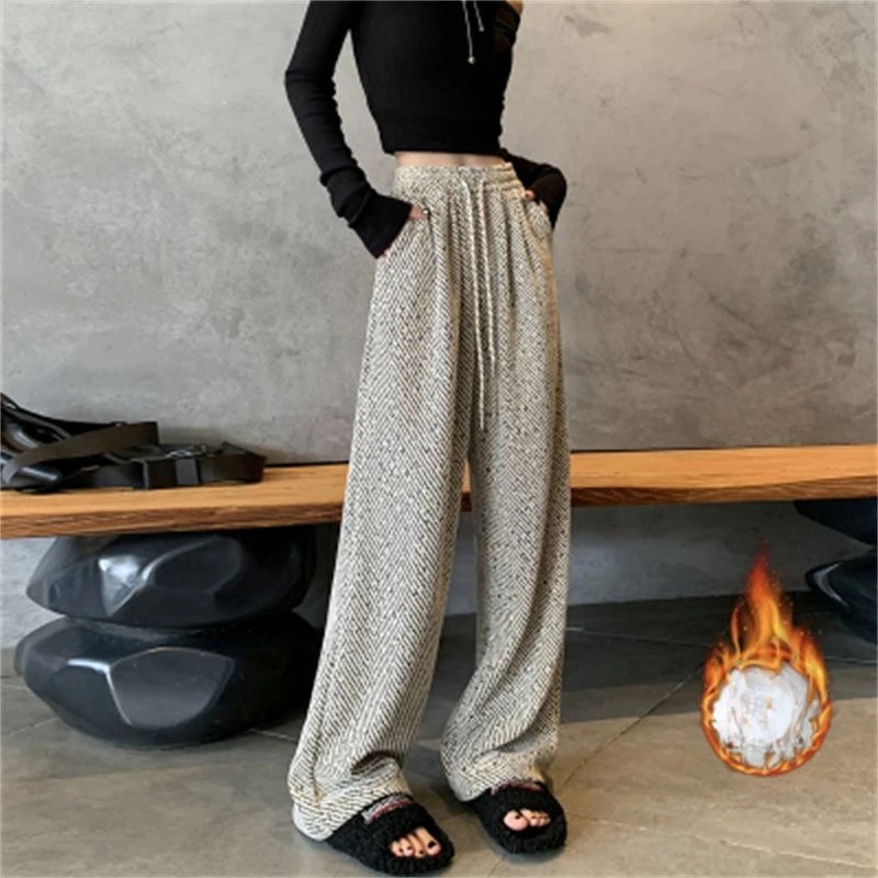 Chenille's nieuwe herfst winter gestreepte heldere zijde wijde pijpen broek vloeiende rechte pijpen losse relaxte stijl verdikt voor vrouwen
