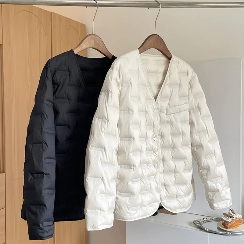 Schinteon Women Lightweight White Duck Down Jacket V-Neck Collar Autumn Winter Outwear Casual Loose Simple Coat 2025 New