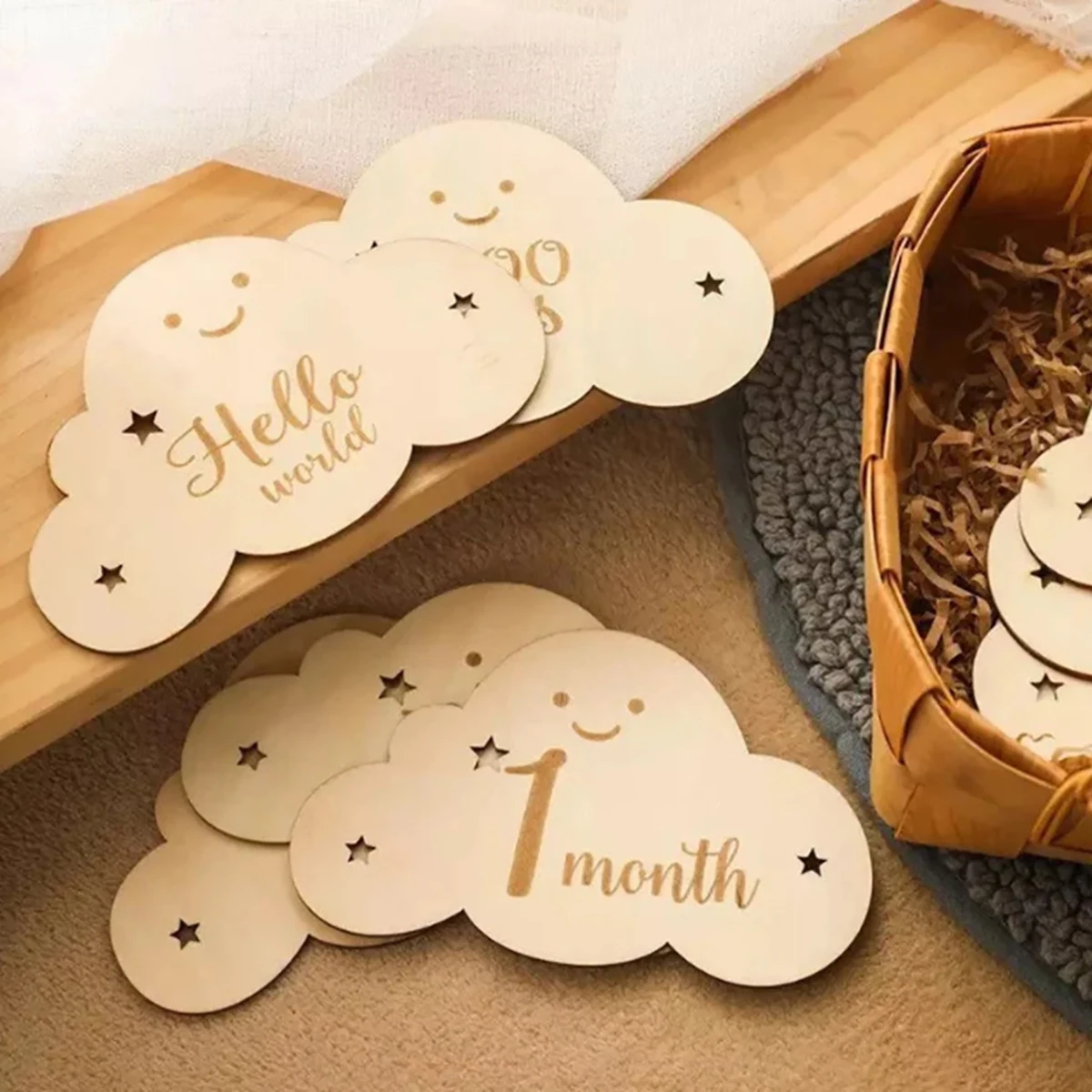 Wooden baby Cloud two-sided growth milestone birth month record photo souvenir prop baby calendar board