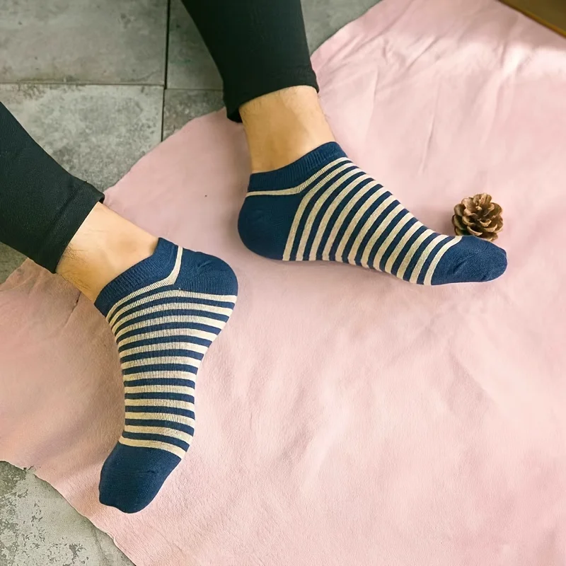 5 Pairs of Mixed-Color Nautical Style Casual Couple Ankle Socks, Low-Cut Men's Socks, Women's Ankle Socks, Navy Blue Nautical Series Cotton Men's Ankle Socks image 4