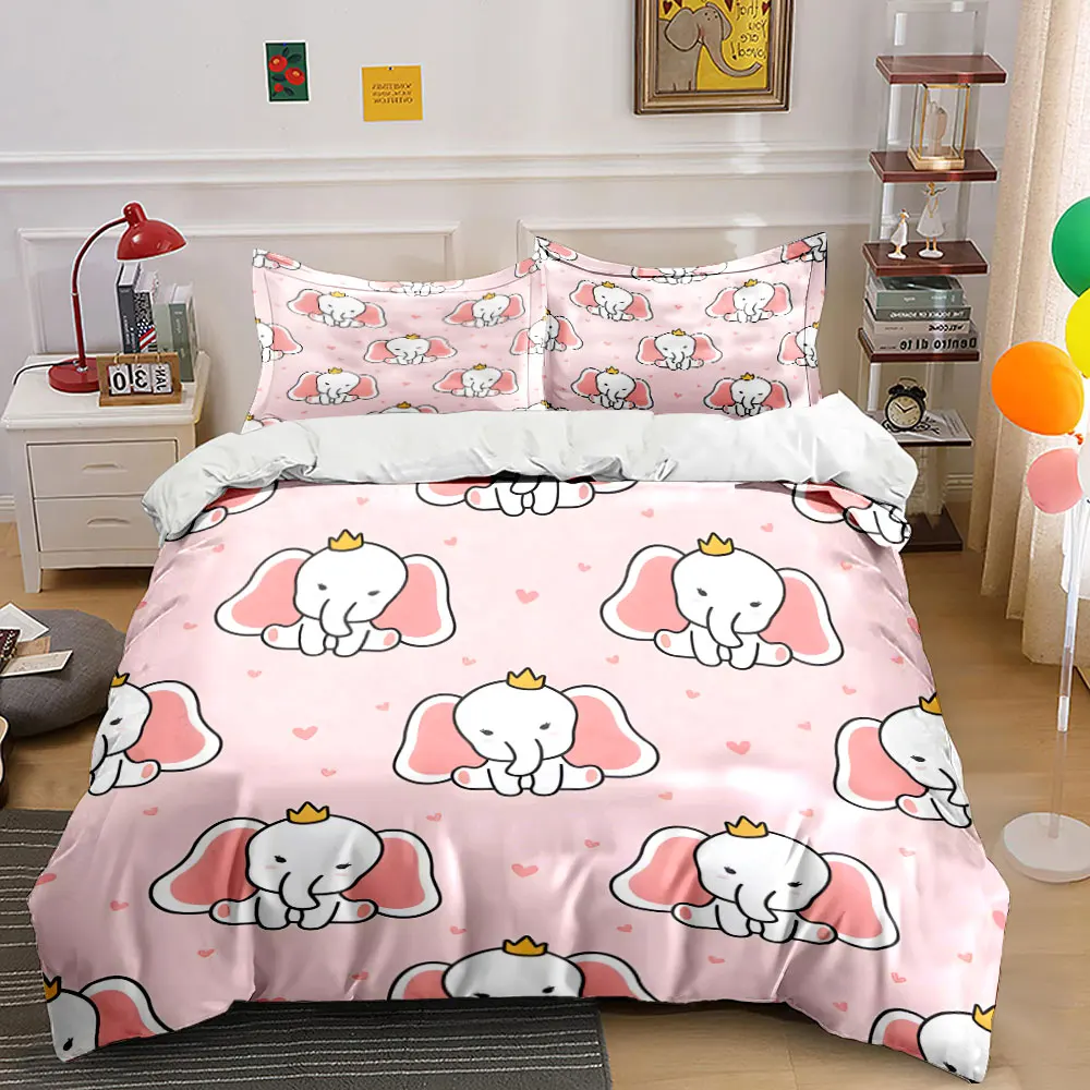 Cute cartoon crowned elephant Pattern Duvet Cover Set Digital Print Colorful Polyester Bedding with Zipper Closur for kids gifts