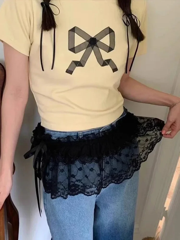 2025 Primavera Verano mujeres Y2K encaje coreano Mini falda en capas ropa de calle con cordones volantes Harajuku faldas plisadas de cintura alta para mujer