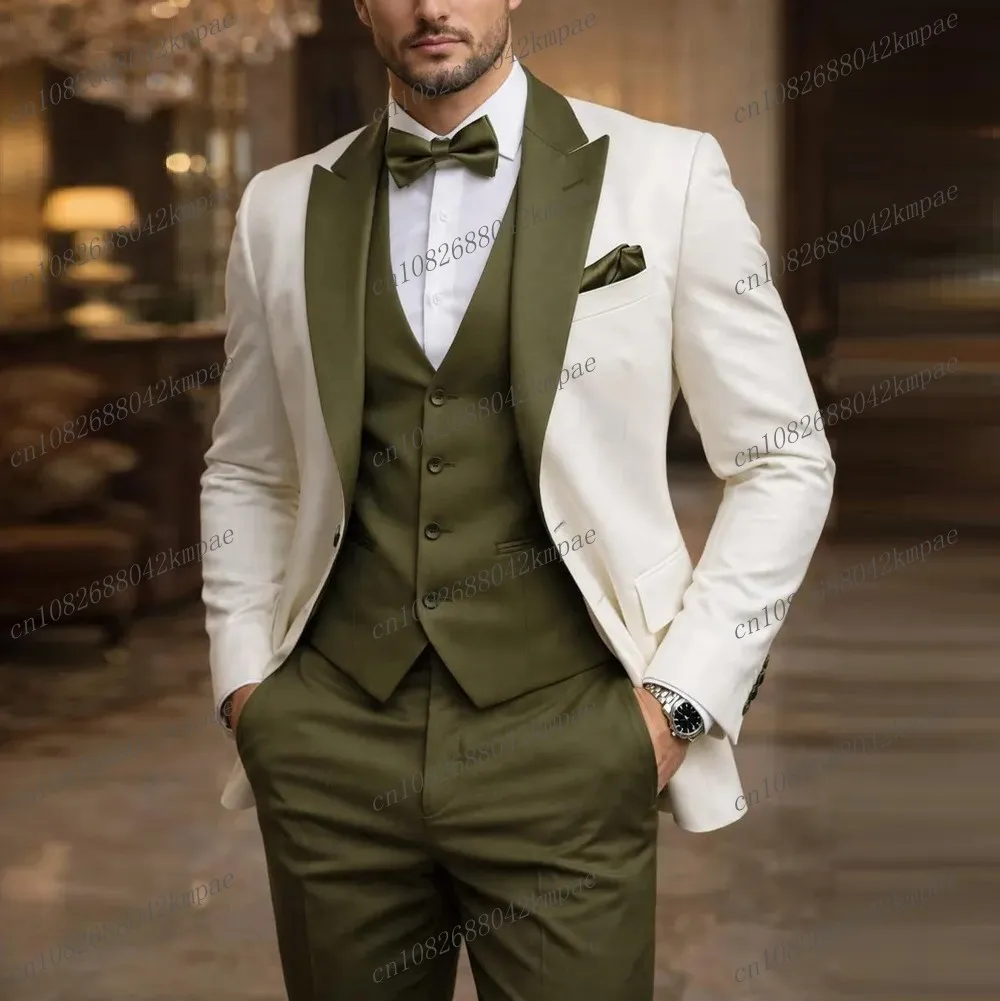 

Белый и армейский зеленый мужской костюм для торжественных мероприятий, свадеб, выпускных, деловых встреч, смокинг из 3 предметов: пиджак, жилет, брюки