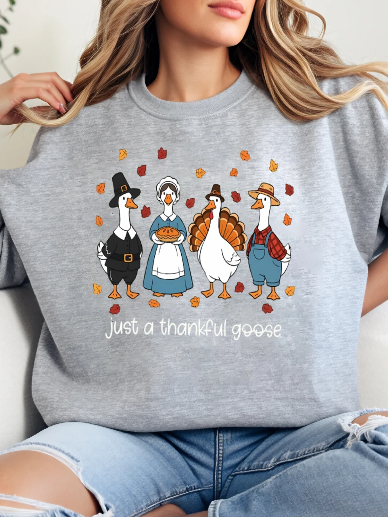 

Толстовка с круглым вырезом «Утка, Турция, пилигрим», «Просто благодарный гусь», женская повседневная осенняя одежда, серая, больших размеров