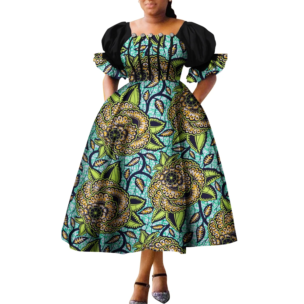 Vestidos de estilo africano para mujer, vestidos de cintura alta con mangas abullonadas, vestido africano Ankara, vestido de princesa, bata africana para mujer WY9970