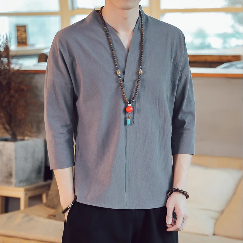 Summer Chinese Style White Cotton Linen Classic Seven-sleeve T-shirts Tangzhuang Han Suit Meditation Zen Orient Blouse Blue Top