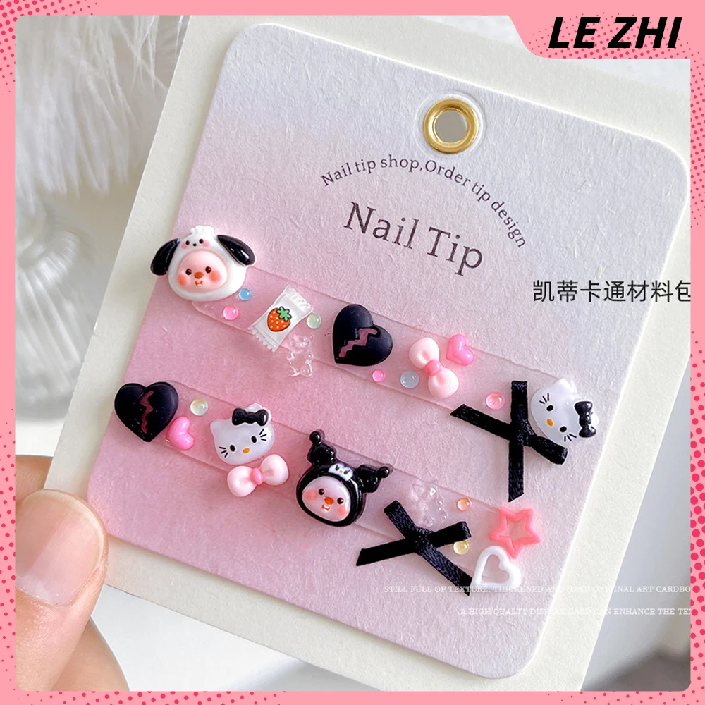 Kawaii Hawaiian Black Skin Hello Kitty Nail Accessories Maiden Heart Blinking Rhinestones Nail Supplies DIY Resin Material Pack