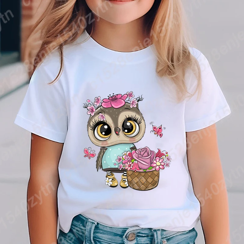 Owl Flower Graphic Tee Shirt Children Girls T-shirt Summer Short Sleeve Tees Round Neck Hot Selling Tops Cute Soft Kids T Shirts