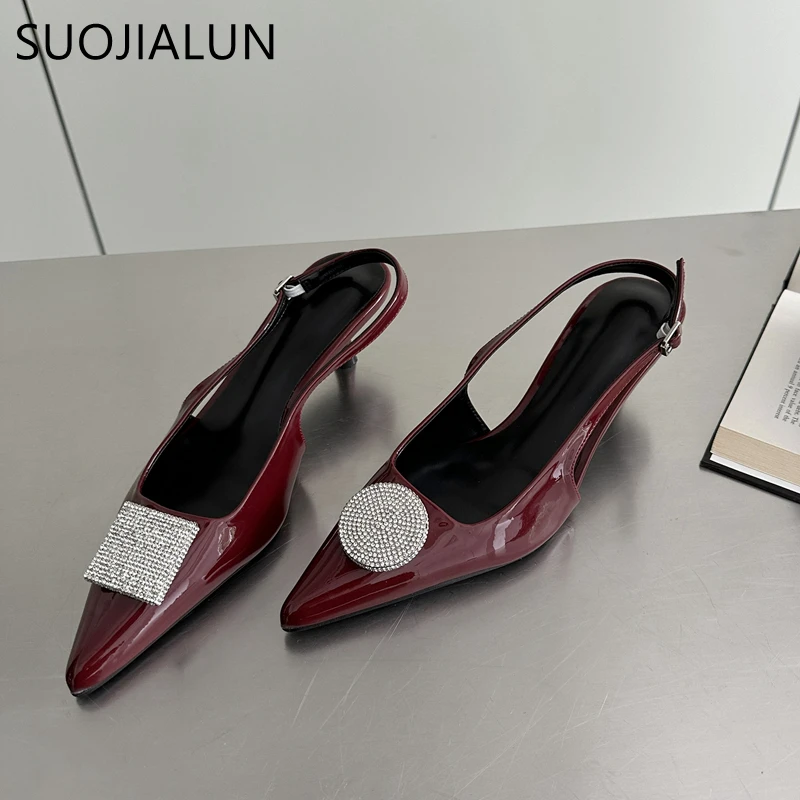 SUOJIALUN 2024 New Brand Women Sandal Fashion Red Pointed Toe Shallow Slip On Slingback Sandal Thin Low Heel Dress Pumps Shoes