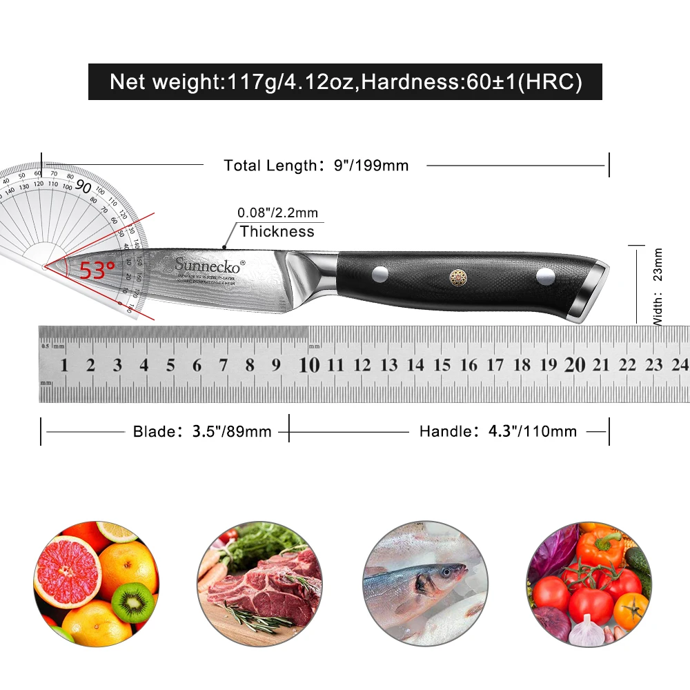 Imagem -06 - Sunnecko-facas de Cozinha de Aço Damasco Japonês Vg10 Lâmina de Navalha Afiada G10 Punho Descascando Faca de Corte de Frutas 3.5