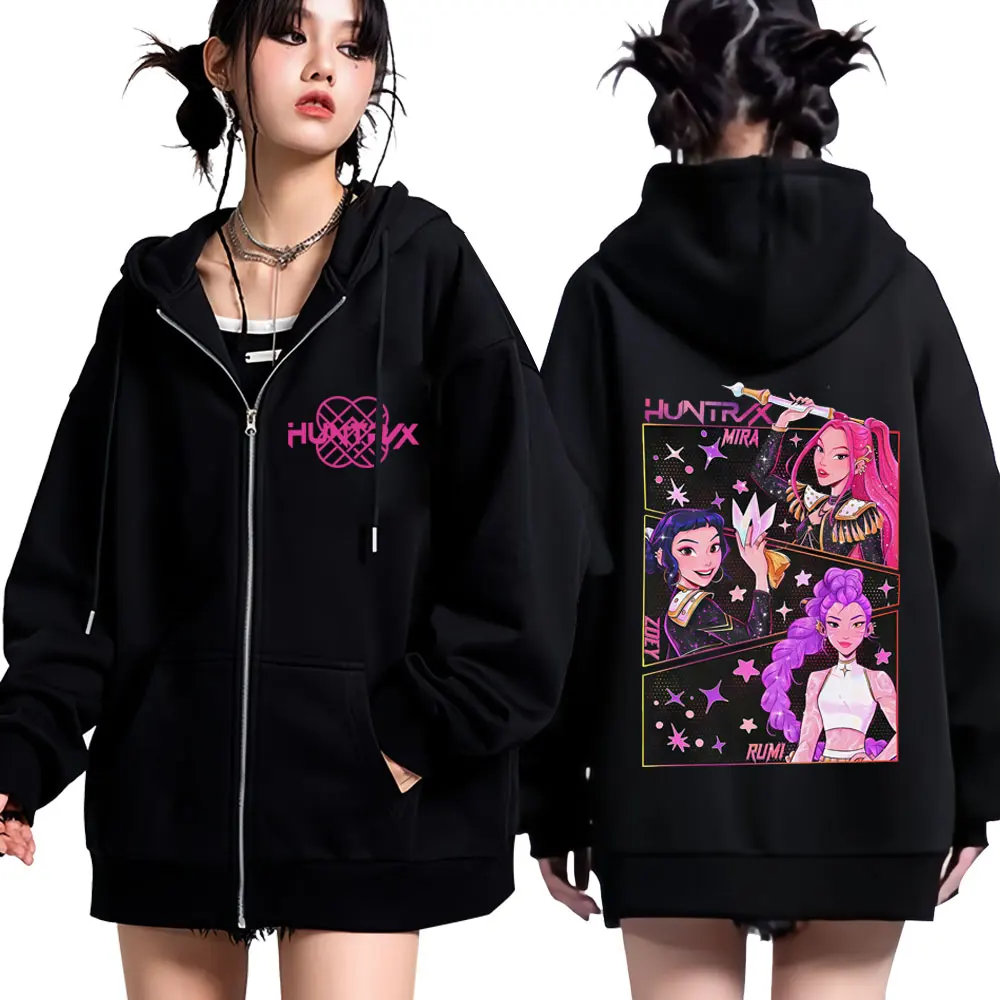 KPOP Demon Hunters Double-sided Graphic Zip Up Hoodies Men Women Harajuku Sweatshirt Long-sleeved Aesthetic Casual Zipper Jacket
