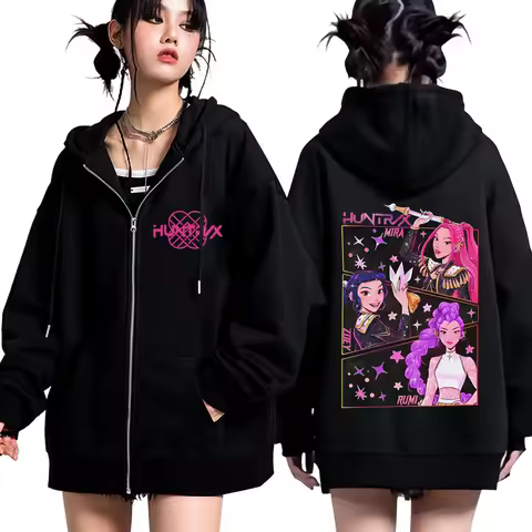KPOP Demon Hunters Double-sided Graphic Zip Up Hoodies Men Women Harajuku Sweatshirt Long-sleeved Aesthetic Casual Zipper Jacket