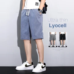 Men's Lyocell Casual Shorts Summer Ultra-thin Fashion Loose Soft Breathable Drawstring Knee-length Bermuda Short Pants Blue Gray