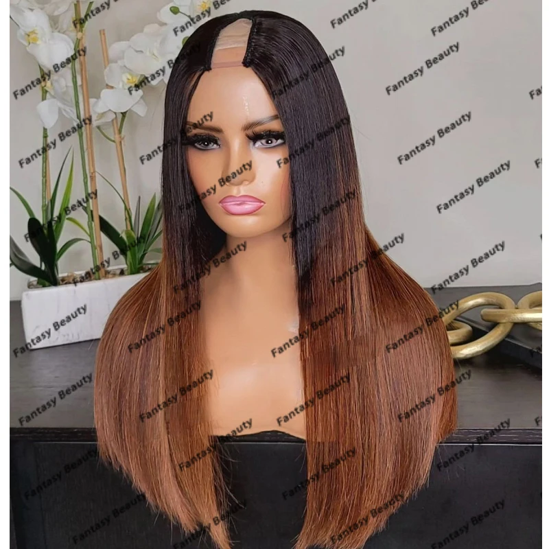 

Peruvian 100% Human Hair Natural Silky Straight Ombre Copper Brown U Part Wigs for Black Women Glueless 180Density V Part Wigs