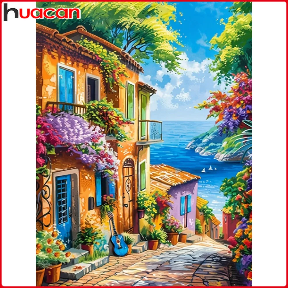 Huacan 5D-Diamantgemälde zum Selbermachen, Meer, Straße, Haus, Diamant-Mosaik, Landschaft, neue Kollektion 2025, dekorative Gemälde