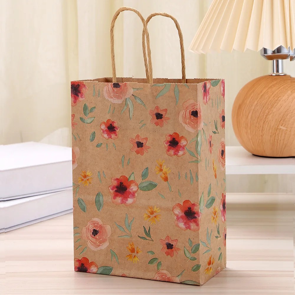 4Pcs Flower Theme Kraft Paper Gift Packing Bag Cookie Candy Shopping Tote Bag for Birthday Baby Shower Wedding Party Decoration