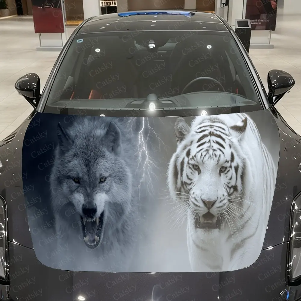 

Стильный волк и белый тигр - наклейка на капот с туманом, наклейка на автомобильный чехол, водонепроницаемые и самоклеящиеся автомобильные виниловые обертывания, Fashionab